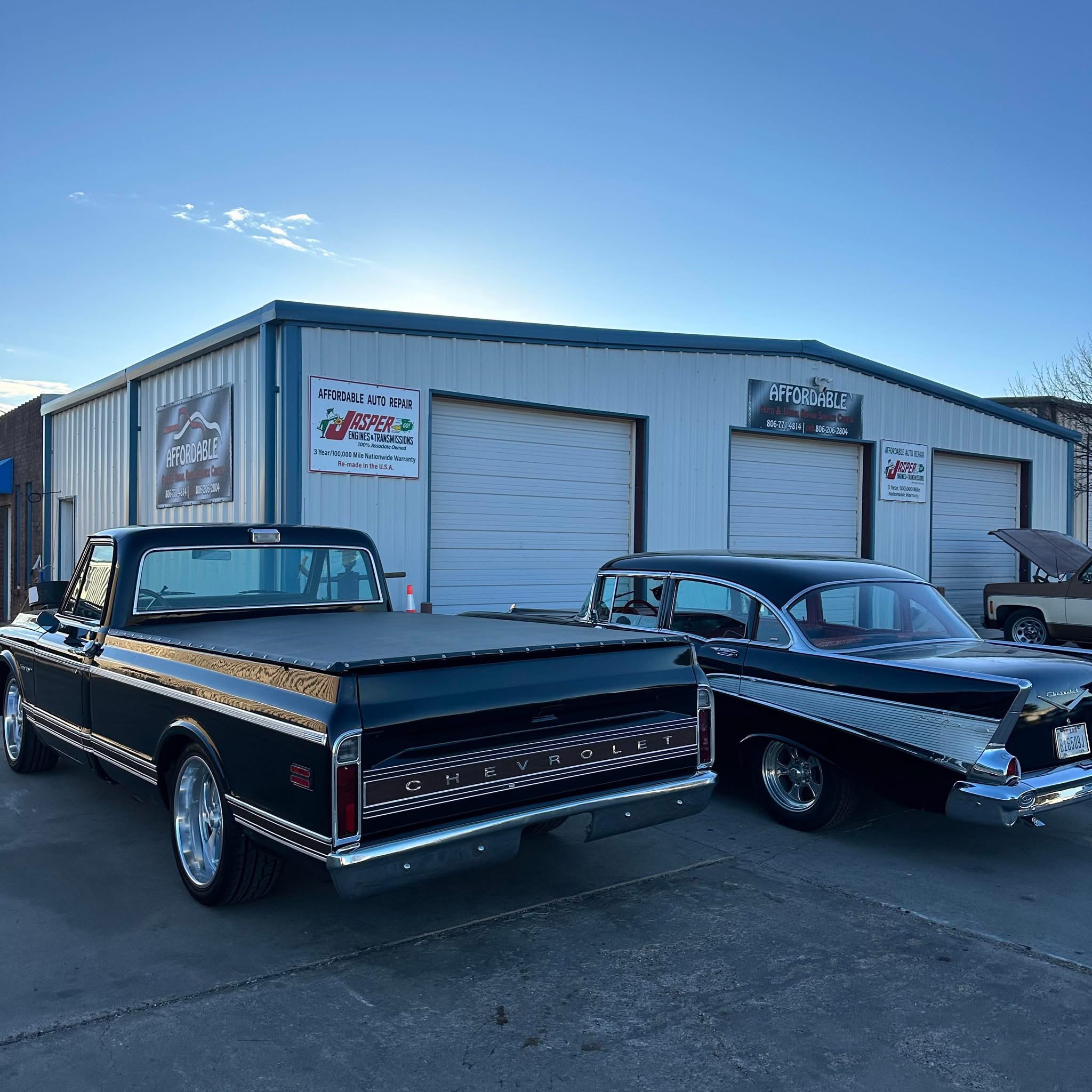 Classic Chevrolet pickup and car parked outside Affordable Auto Repair